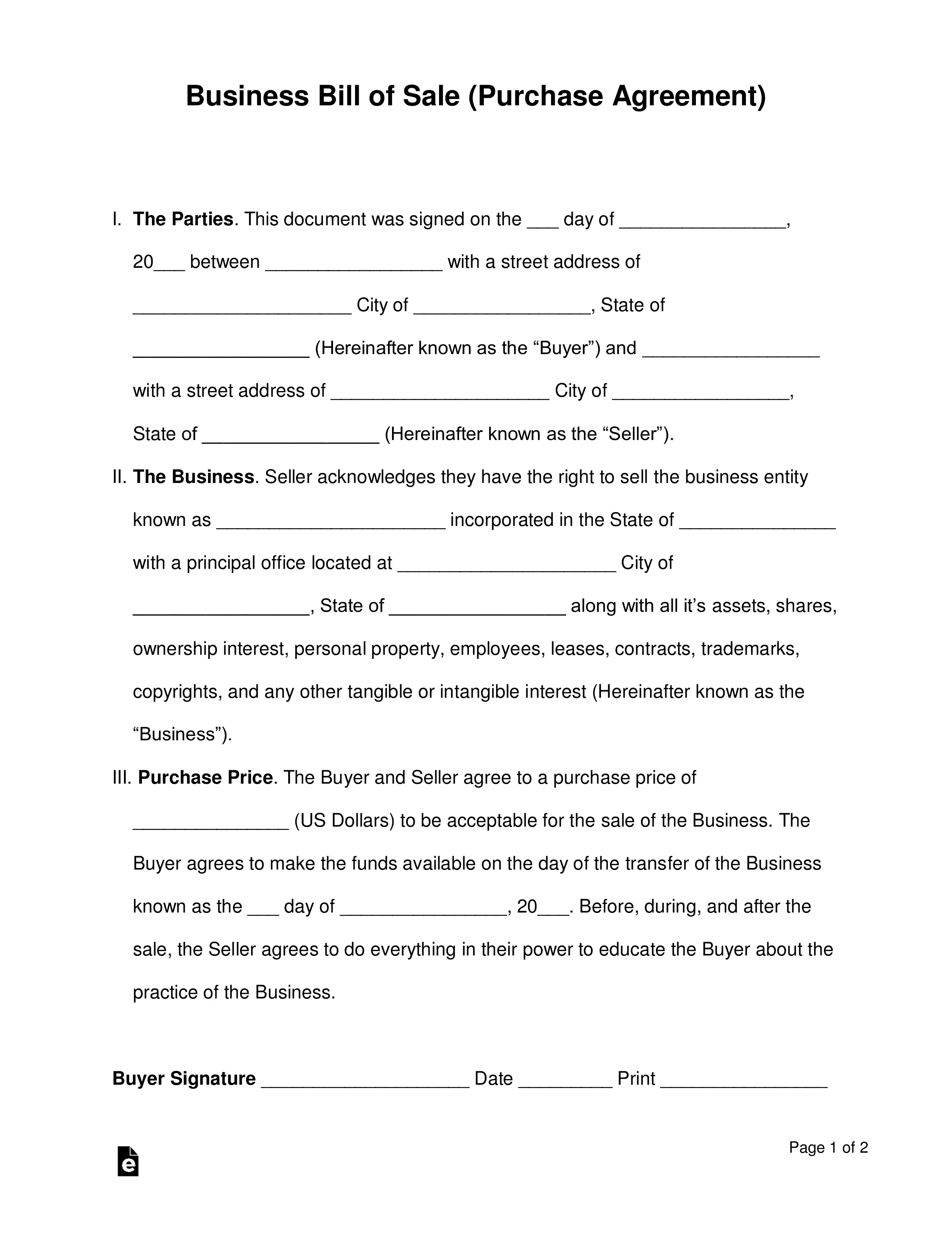 business bill of sale by seller with selling information and details agreement