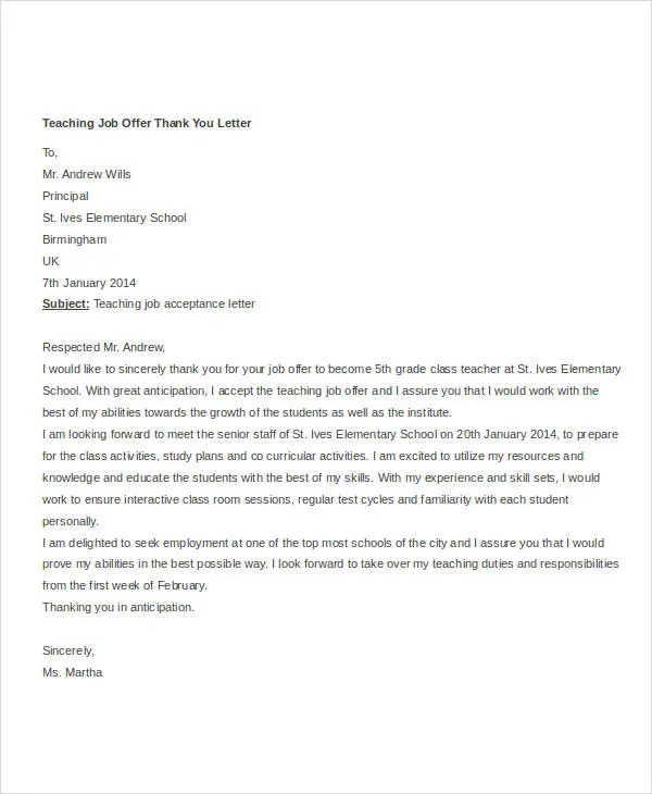 Thank You Letter For A Job Offer from www.realiaproject.org