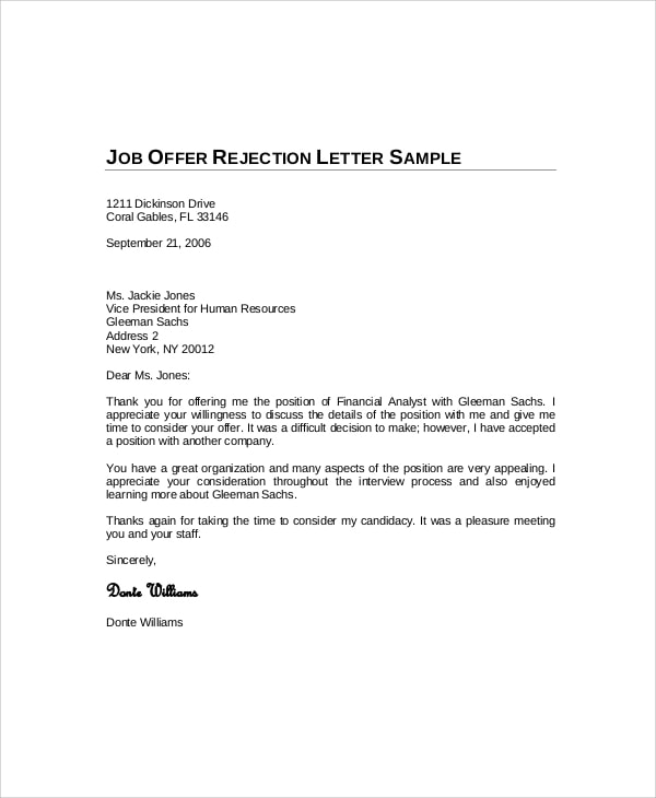 Thank you letters declining job offer
