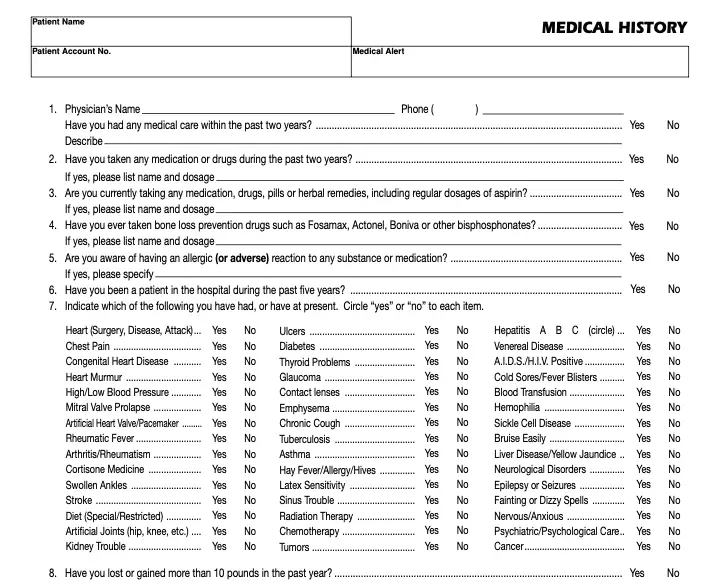 medical history form Patient