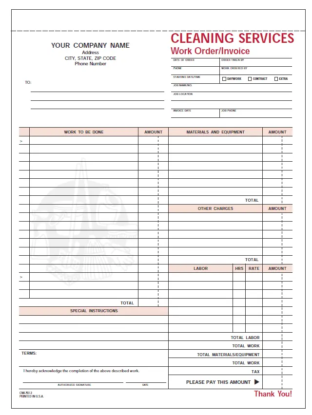 commercial client work order invoice with email and date