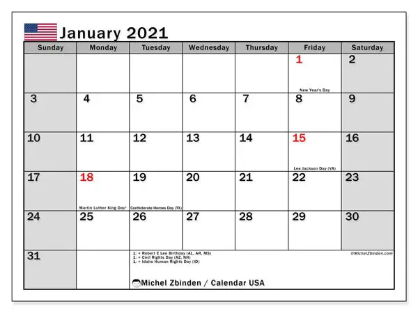 January 2021 Calendar with holidays United States