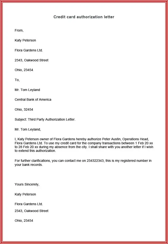Credit card authorization letter for bank