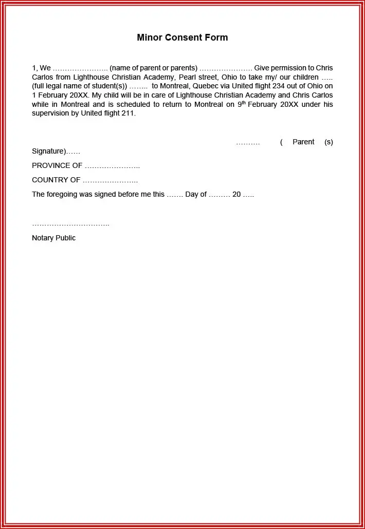 Minor consent form to travel with school authority