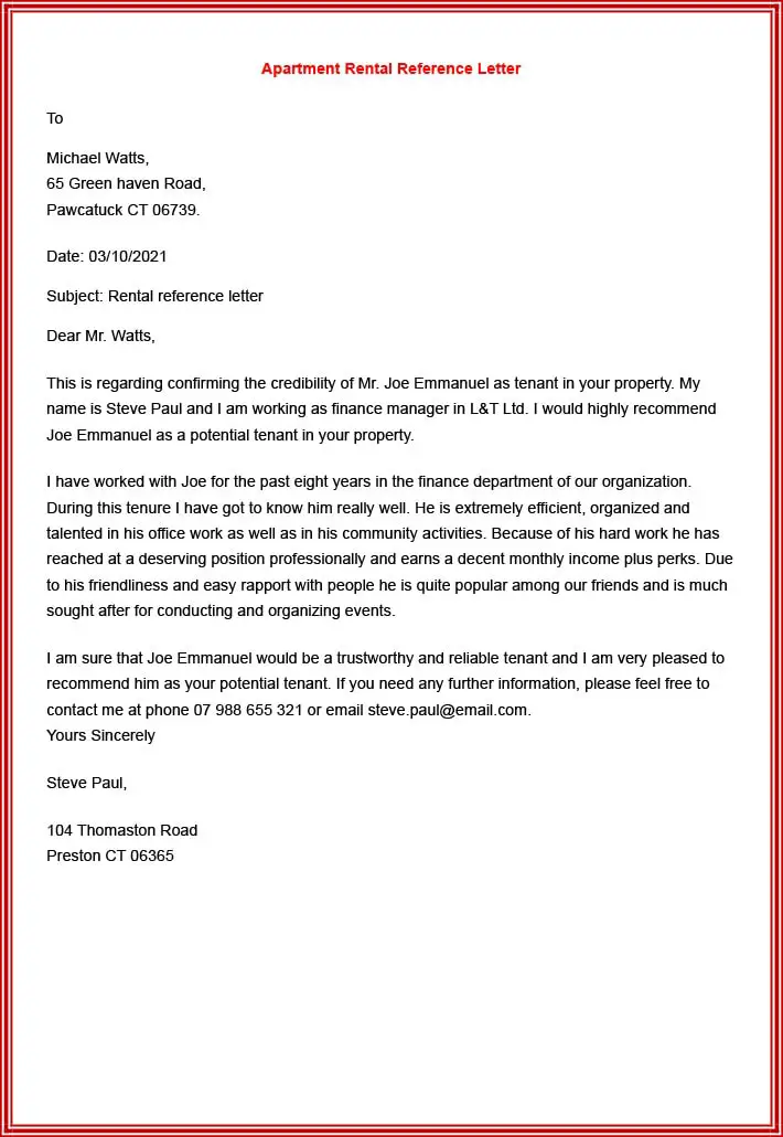 Apartment rental reference letter