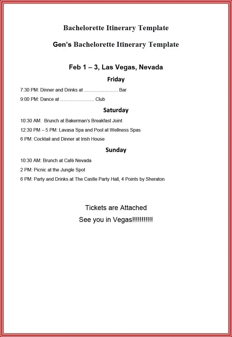 Simple Bachelorette itinerary template