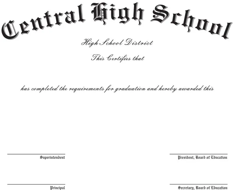 Blank high school completion certificate