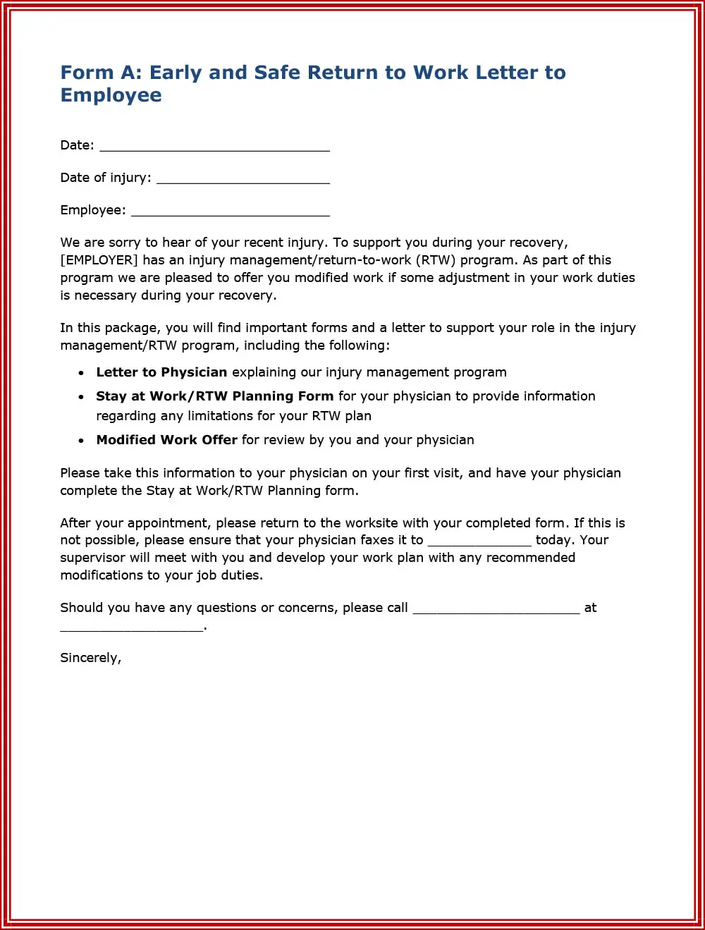 Editable retrun to work letter from employer to employee