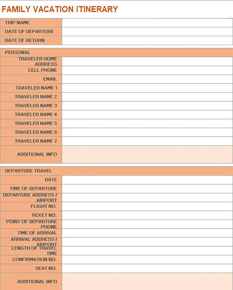 Family vacation itinerary in excel