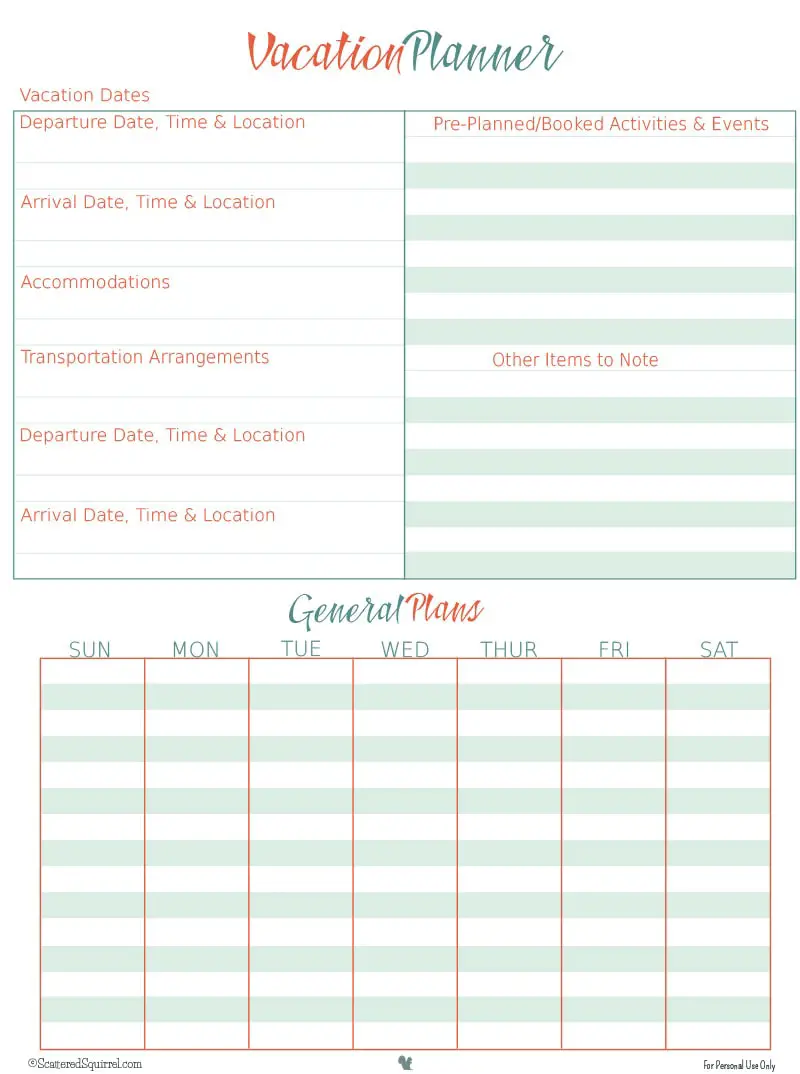 Printable family vacation planner in PDF