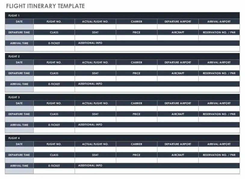 Flight Itinerary template excel