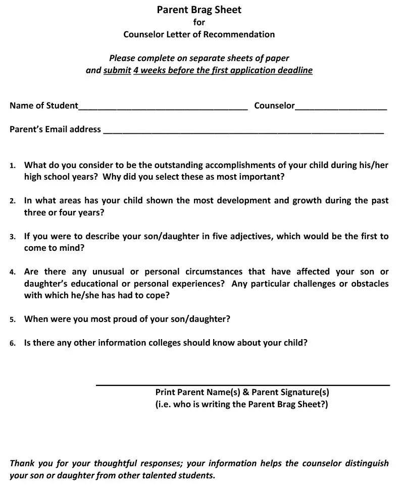Parent Sheet for counselor letter of recommendation