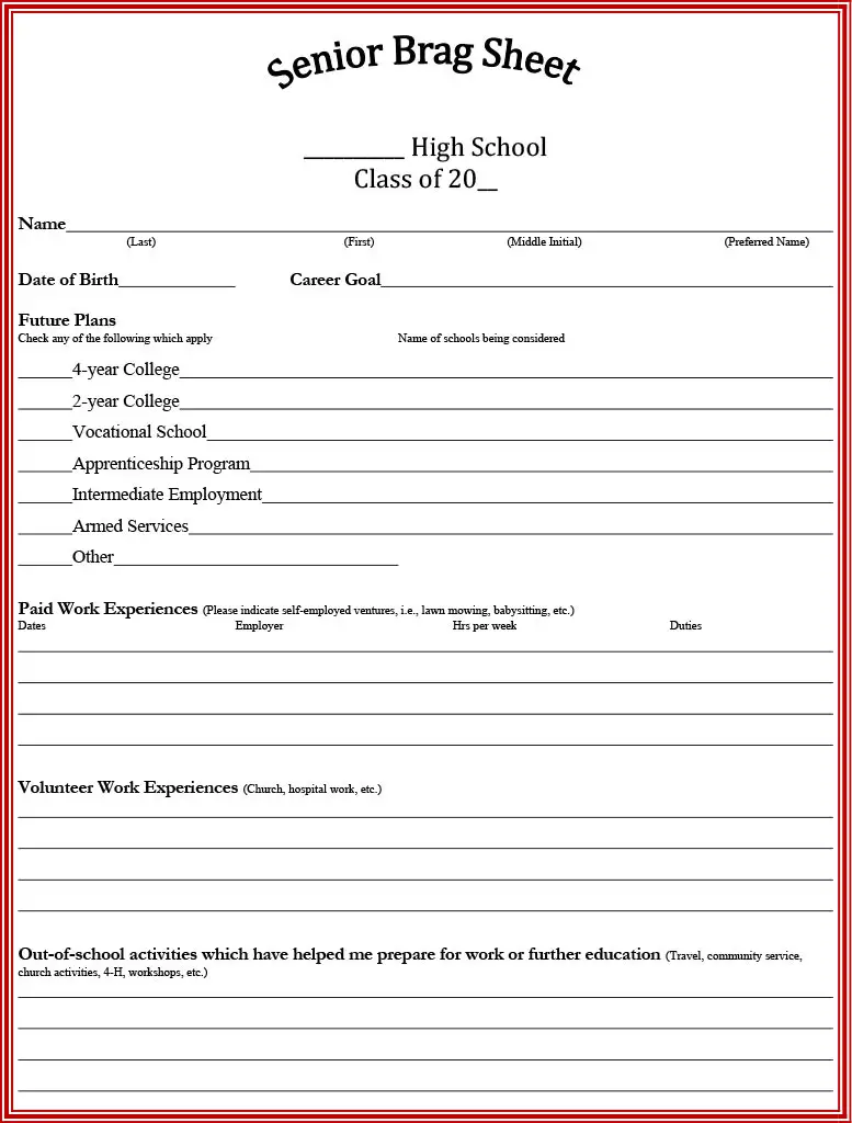 Senior sheet for high school including community service