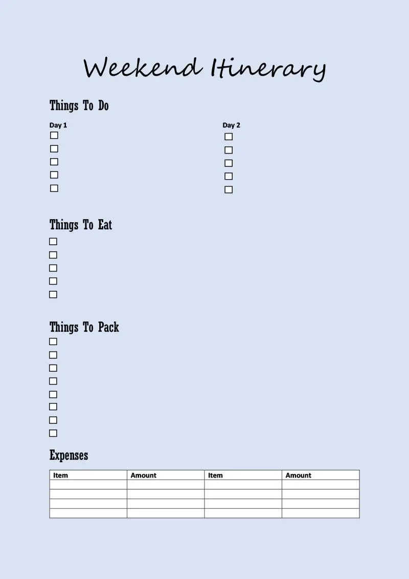 MS Word editable weekend itinerary template