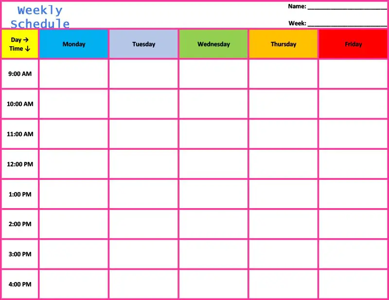 Blank Weekly schedule template in excel